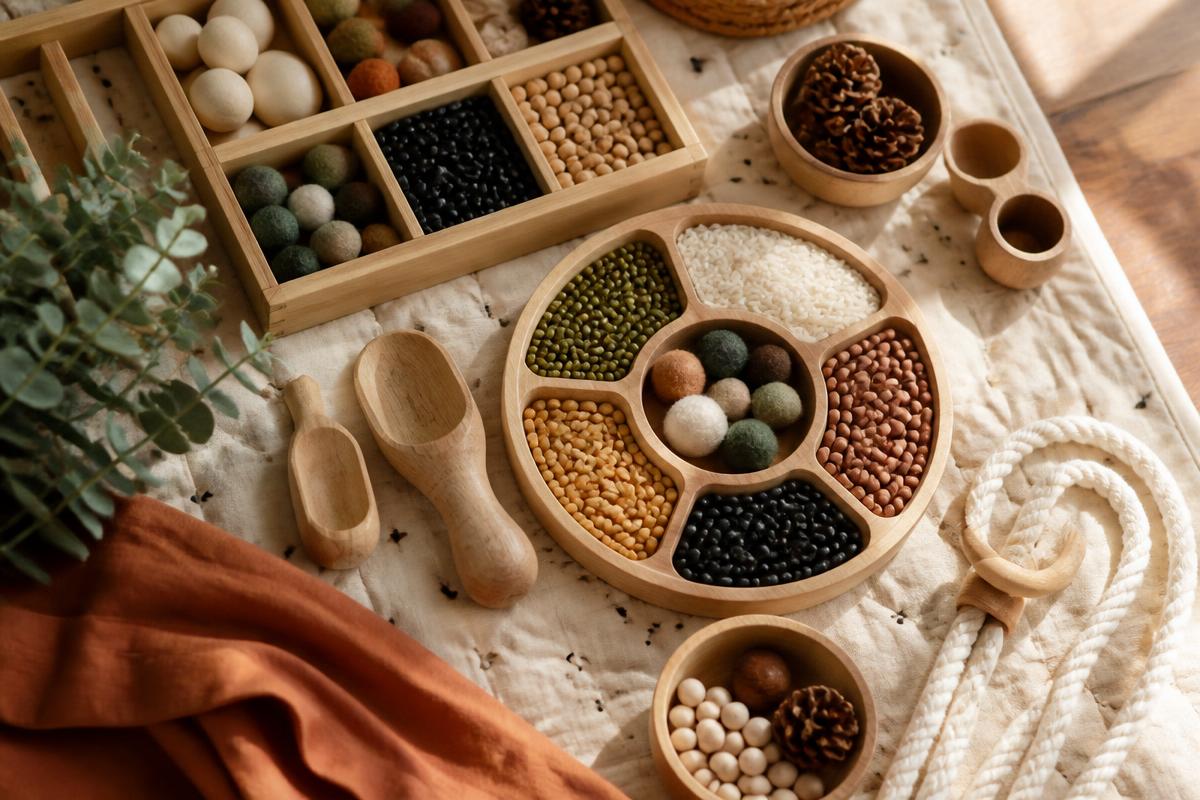 Warm flat-lay of wooden scoops, sorting trays and natural textures arranged on a play mat